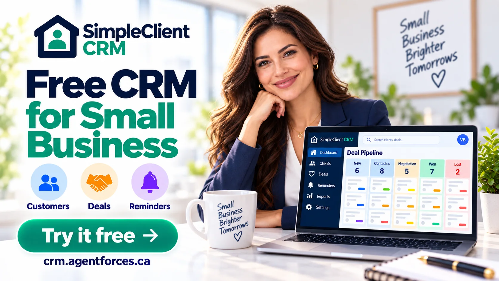 SimpleClient CRM free CRM for small business showing customer management, reminders and a visual deal pipeline