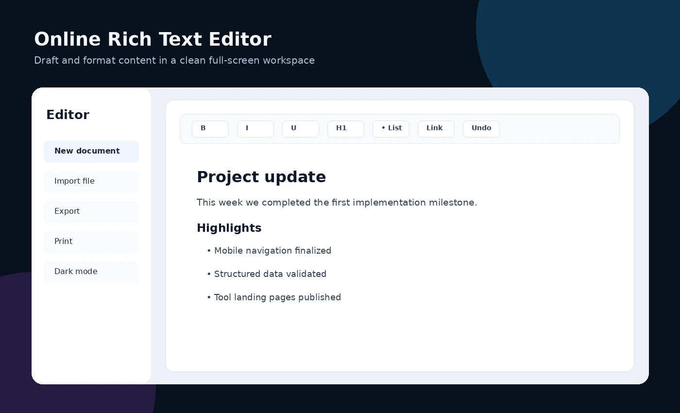Full-screen online rich text editor interface